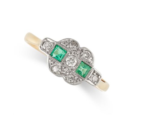 NO RESERVE -&nbsp;AN EMERALD AND DIAMOND DRESS RING in 18ct yellow gold and platinum, set with two step cut emeralds accented