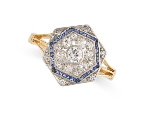 NO RESERVE -&nbsp;AN ART DECO DIAMOND AND SAPPHIRE RING in 18ct yellow gold and platinum, the hexagonal face set with a centr