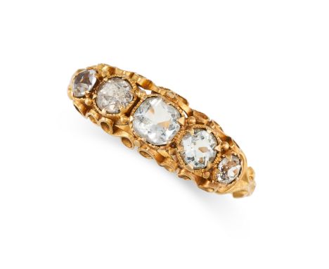 NO RESERVE -&nbsp;AN ANTIQUE VICTORIAN AQUAMARINE RING, 1864 in 15ct yellow gold, set with a row of five graduated cushion cu