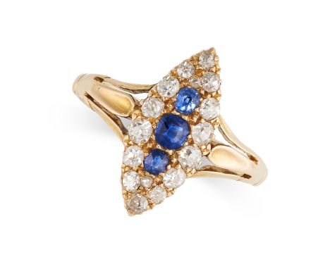 NO RESERVE -&nbsp;AN ANTIQUE SAPPHIRE AND DIAMOND RING in 18ct yellow gold, set with a trio of graduated cushion cut blue sap