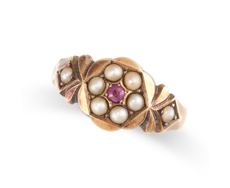 NO RESERVE -&nbsp;AN ANTIQUE VICTORIAN PEARL AND RUBY RING, 1885 in 15ct yellow gold, set with a cushion cut ruby within a bo