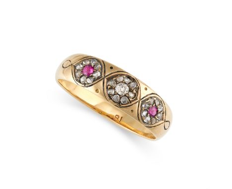 NO RESERVE - A RUBY AND DIAMOND DRESS RING in 18ct yellow gold, the tapering band set with three clusters of old cut and rose
