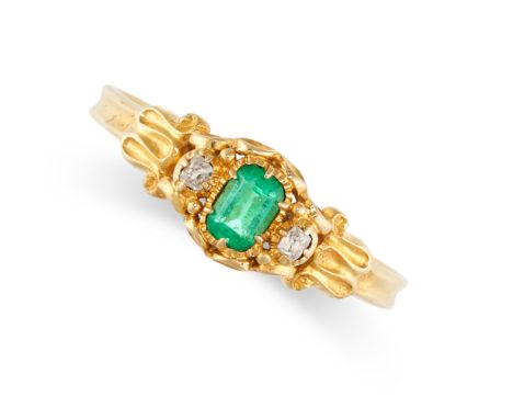 NO RESERVE -&nbsp;AN ANTIQUE EMERALD AND DIAMOND DRESS RING in 18ct yellow gold, set with a cushion shaped emerald between tw