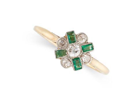 NO RESERVE -&nbsp;AN ART DECO DIAMOND AND EMERALD RING in 18ct yellow gold and platinum, set with a cluster of old cut diamon