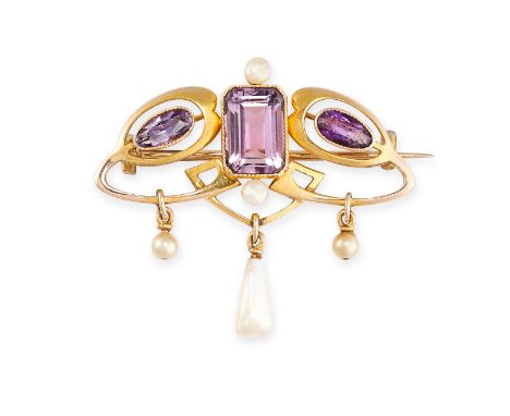 NO RESERVE -&nbsp;AN ART NOUVEAU AMETHYST AND PEARL BROOCH in 15ct yellow gold, set with emerald cut and oval cut amethyst, a