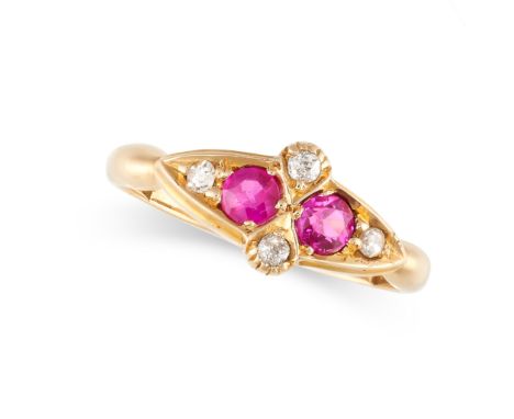 NO RESERVE -&nbsp;AN ANTIQUE RUBY AND DIAMOND RING in 18ct yellow gold, set with two round cut rubies and four old cut diamon