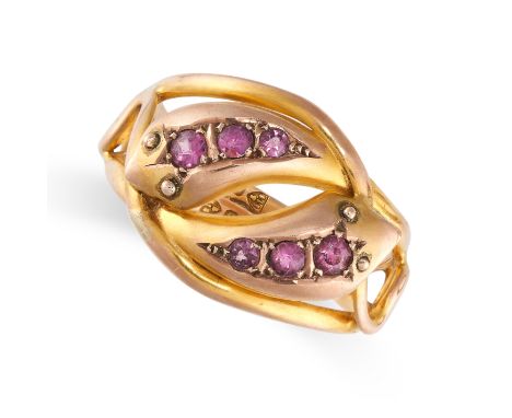 NO RESERVE -&nbsp;AN ANTIQUE GEMSET SNAKE RING, 1911 in 9ct yellow gold, designed as two interlocking snakes coiled around ea
