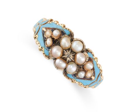 NO RESERVE -&nbsp;AN ANTIQUE VICTORIAN DIAMOND, PEARL AND ENAMEL RING in high carat yellow gold, designed to depict a flower,