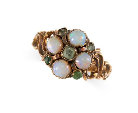 NO RESERVE -&nbsp;AN ANTIQUE VICTORIAN OPAL AND EMERALD RING, 1869 in 15ct yellow gold, set with round cabochon opals accente