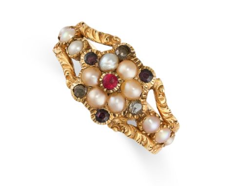 NO RESERVE -&nbsp;AN ANTIQUE RUBY, PEARL AND GARNET RING, 19TH CENTURY in yellow gold, of floral design, set with a round rub