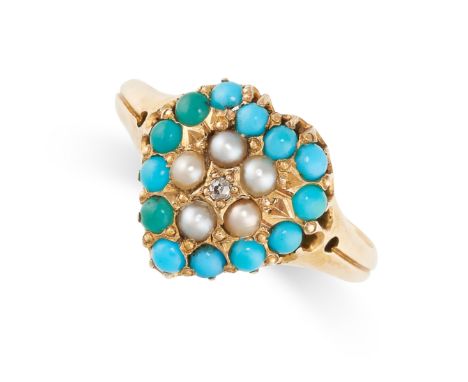 NO RESERVE -&nbsp;AN ANTIQUE VICTORIAN TURQUOISE, PEARL AND DIAMOND SWEETHEART RING, 1871 in 18ct yellow gold, designed as a 