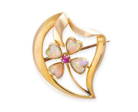 NO RESERVE -&nbsp;AN ANTIQUE OPAL AND RUBY BROOCH in 15ct yellow gold, designed as a four-leaved clover, set with a central r