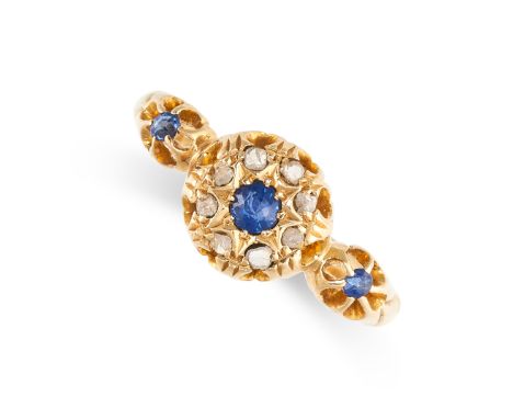 NO RESERVE -&nbsp;AN ANTIQUE EDWARDIAN SAPPHIRE AND DIAMOND RING, 1909 in 18ct yellow gold, set with a trio of round cut blue