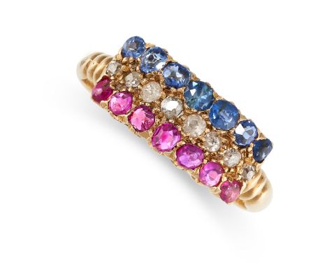 NO RESERVE -&nbsp;AN ANTIQUE VICTORIAN RUBY, SAPPHIRE AND DIAMOND RING, 1897 in 18ct yellow gold, set with three rows of old 