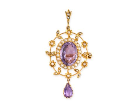 NO RESERVE -&nbsp;AN ANTIQUE AMETHYST AND PEARL PENDANT, CIRCA 1900 in 15ct yellow gold, set with an oval cut amethyst within