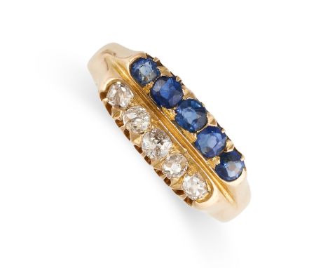 NO RESERVE -&nbsp;AN ANTIQUE VICTORIAN DIAMOND RING, 1891 in 18ct yellow gold, set with two rows of round cut blue sapphires 