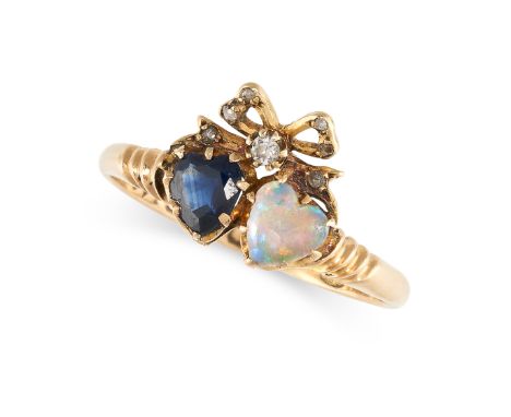 NO RESERVE -&nbsp;AN ANTIQUE VICTORIAN SAPPHIRE, OPAL AND DIAMOND SWEETHEART RING, 1900 in 18ct yellow gold, set with a heart