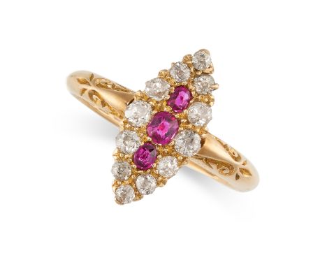 NO RESERVE -&nbsp;AN ANTIQUE VICTORIAN RUBY AND DIAMOND RING, 1899 in 18ct yellow gold, the navette shaped face set with a tr