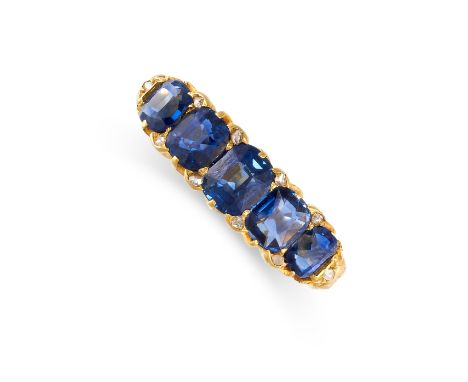 NO RESERVE -&nbsp;A SAPPHIRE AND DIAMOND FIVE STONE RING in 18ct yellow gold, set with a row of five graduated cushion cut bl