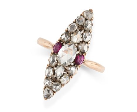 NO RESERVE -&nbsp;AN ANTIQUE DIAMOND AND RUBY RING in 18ct yellow gold and silver, the navette shaped face set with a princip