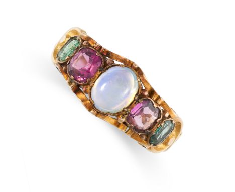 NO RESERVE -&nbsp;AN ANTIQUE VICTORIAN OPAL, GARNET AND EMERALD RING 1868 in 12ct yellow gold, set with an oval cabochon opal