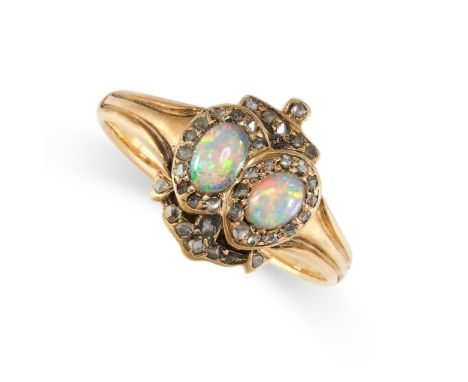 NO RESERVE -&nbsp;AN ANTIQUE OPAL AND DIAMOND SWEETHEART RING in 18ct yellow gold, set with two oval cabochon opals within in