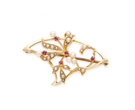 NO RESERVE -&nbsp;AN ANTIQUE ART NOUVEAU RUBY AND PEARL BROOCH in 15ct yellow gold, set with round cut rubies and pearls, no 