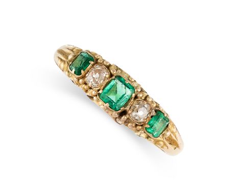 NO RESERVE -&nbsp;AN ANTIQUE EMERALD AND DIAMOND RING in 18ct yellow gold, set with a trio of graduated step cut emeralds, ac