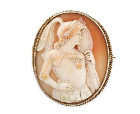 NO RESERVE -&nbsp;A VICTORIAN SHELL CAMEO BROOCH depicting a three quarter length portrait of Joan of Arc in a suit of armour