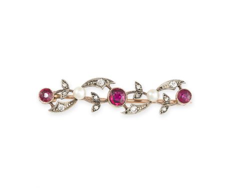 NO RESERVE -&nbsp;AN ANTIQUE RUBY, PEARL AND DIAMOND BROOCH in yellow gold and silver, set with a trio of round cut rubies wi