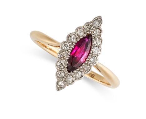 NO RESERVE -&nbsp;A RUBY AND DIAMOND DRESS RING in 18ct yellow gold, the navette shaped face set with a marquise cut ruby of 