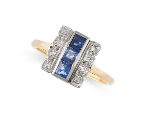 NO RESERVE -&nbsp;AN ART DECO SAPPHIRE AND DIAMOND RING in 18ct yellow gold and platinum, set with a row of three step cut bl