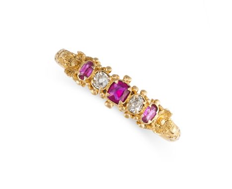 NO RESERVE -&nbsp;AN ANTIQUE RUBY AND DIAMOND RING, 19TH CENTURY in 18ct yellow gold, set with a trio of graduated cushion cu
