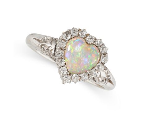 NO RESERVE -&nbsp;AN ANTIQUE OPAL AND DIAMOND SWEETHEART RING CIRCA 1900 in 18ct yellow gold (plated in white metal), set wit