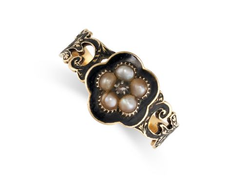 NO RESERVE -&nbsp;AN ANTIQUE VICTORIAN DIAMOND, PEARL AND ENAMEL MOURNING LOCKET RING, 1842 in 18ct yellow gold, designed to 