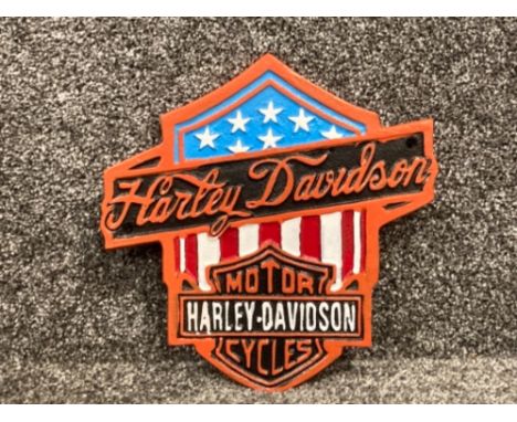 Cast metal Harley Davidson USA flag plaque