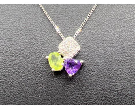 Ladies 9ct white gold diamond, amethyst and peridot cluster pendant complete with 9ct white gold chain.