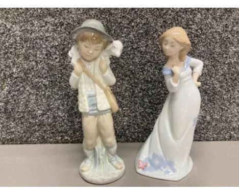 Two Nao by Lladro figures boy with lamb and girl with butterfly