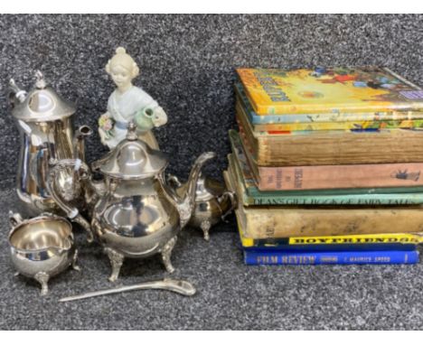 Silver plated 4 piece set together with vintage children's annuals &amp; Spanish lady figure
