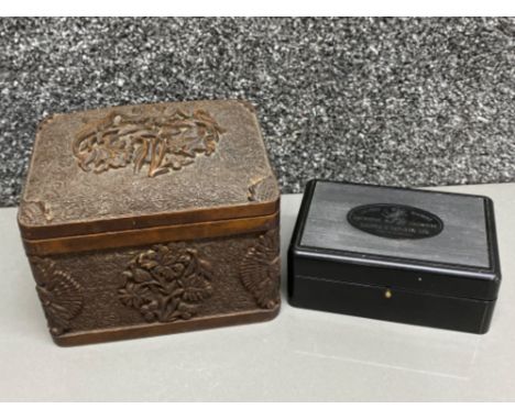 Heavy carved table cigarette box together with vintage griffin &amp; Tatlock Bakelite box with metric weights inside