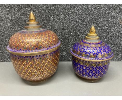 Two Spanish hand painted ceramic pot and covers