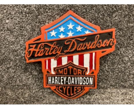 Cast metal Harley Davidson USA flag plaque