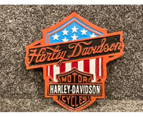 Cast metal Harley Davidson USA flag plaque