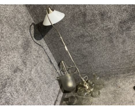 Stylish metal framed ceiling light with glass shade together with a modern standard lamp &amp; 3 large glass bottles