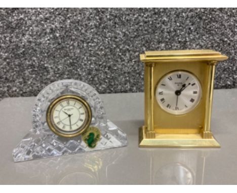 Miniature Waterford Crystal mantle clock and another alarm mantle by Swiza