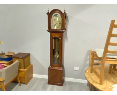 Reproduction mahogany German atlas design grandfather clock by Fenclocks ‘Suffolk’ with weights &amp; pendulum