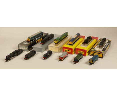 A collection of 'N' gauge model railway to include, 12 locomotives including, Graham Farish Class 66 Freightliner 6610, BR 45