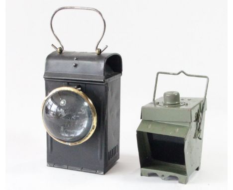 A small LMS cart lamp, with burner and a small green lamp of unknown origin 