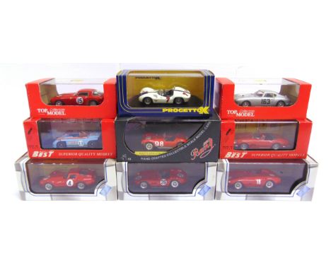 NINE ASSORTED 1/43 SCALE MODEL CARS  mainly racing, by Jolly Model (3), Best (2), Top Model (2), Bang (1) and Progetto K (1),