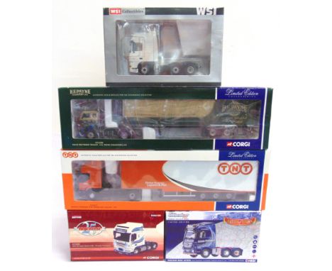 FOUR CORGI DIECAST MODEL COMMERCIAL VEHICLES  comprising a No.CC12111, Renault Premium Step Frame Box Trailer 'TNT'; No.CC131